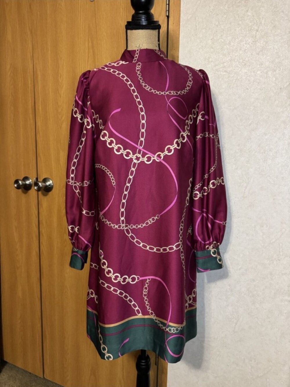 ANN TAYLOR Chain Print Tunic Dress Satin Puff Sleeve MEDIUM Quiet Lux Office - Picture 2 of 10